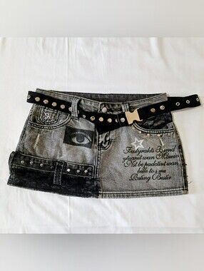 ROMWE Black Gray Denim Distressed XS Belted Mini Skirt